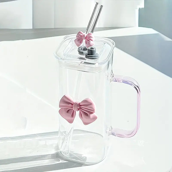 Kawaii Bow Bliss Cup – Transparent Glass Mug with Lid & Straw