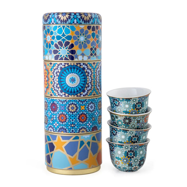 Tin Box with 4 Coffee Cups – Porcelain Moucharabieh Blue 60 ml