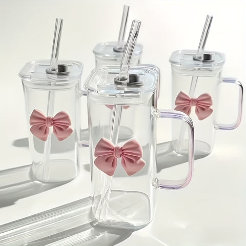 Kawaii Bow Bliss Cup – Transparent Glass Mug with Lid & Straw